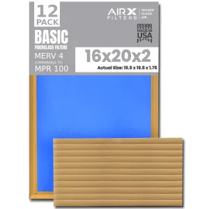 16x20x2 Air Filter Comparable to MPR 100 Basic Economy Furnace Filters, 12 Pack of Non Pleated Fiberglass Filter For Dust - Low Airflow Restriction! From AIRX FILTERS WICKED CLEAN AIR.