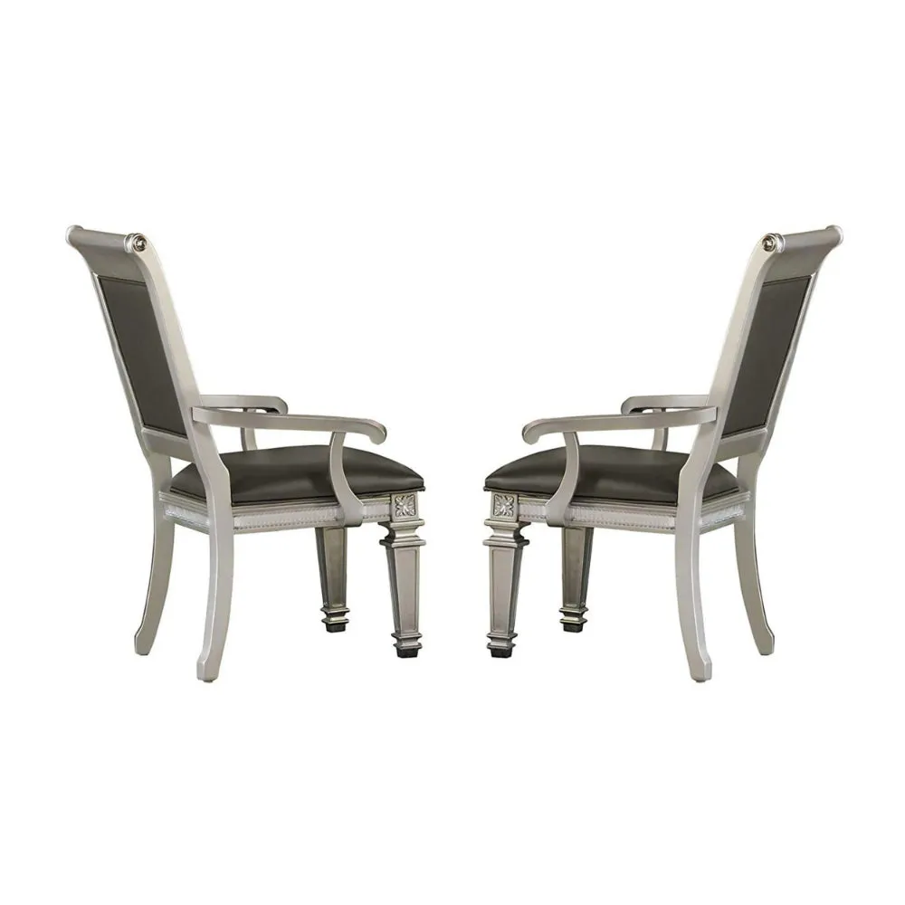 27 Inch Wood Dining Armchair, Faux Leather,Acrylic Crystals,Set of 2,Silver