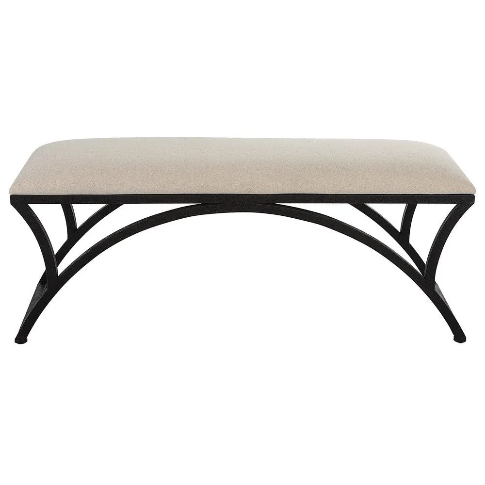 47 Inch Modern Accent Bench with Arched Frame, Cushioned Top, Beige, Black By Casagear Home