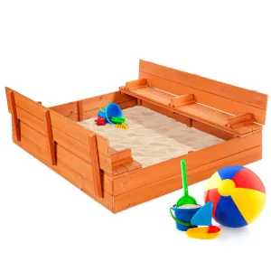 47x47in Kids Cedar Sandbox w/ Sand Screen, 2 Benches - Brown