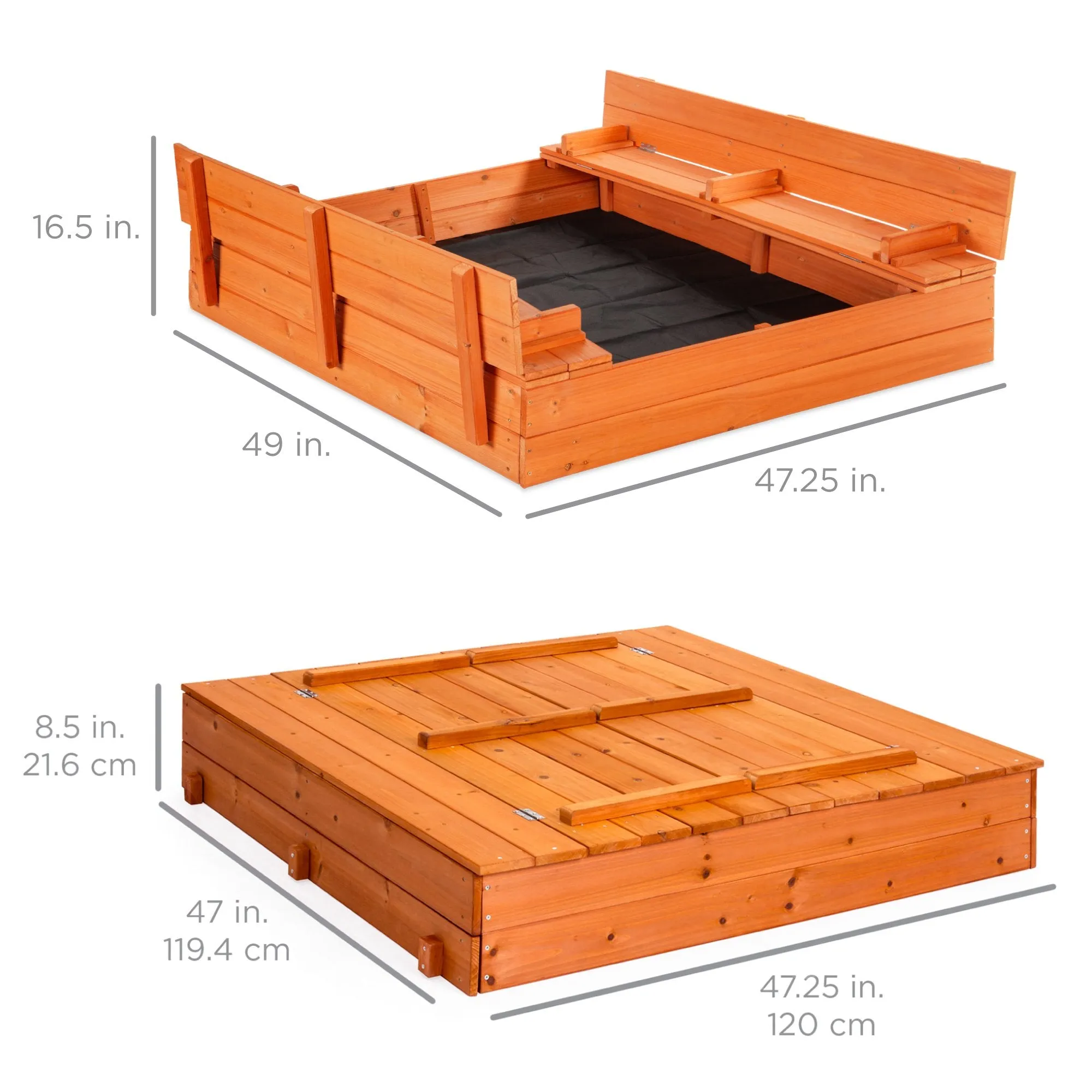 47x47in Kids Cedar Sandbox w/ Sand Screen, 2 Benches - Brown