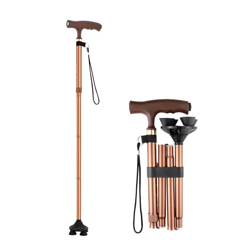 Crutches Four Legs Folding Telescopic Cane Old Man Aluminum Alloy Lightweight Multifunctional with Lights Non-slip 5 Sections