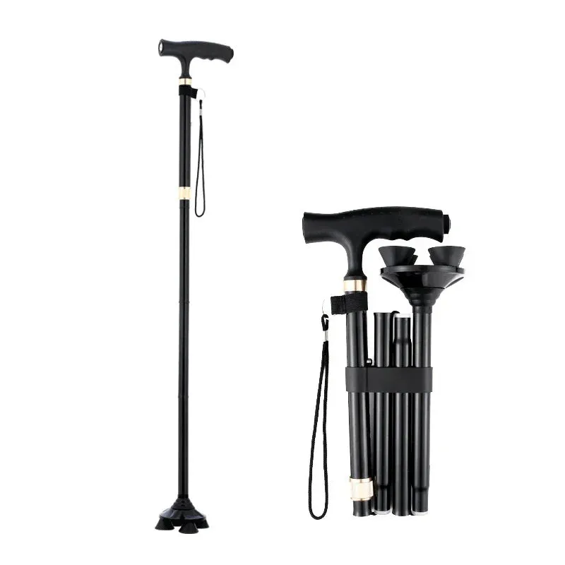 Crutches Four Legs Folding Telescopic Cane Old Man Aluminum Alloy Lightweight Multifunctional with Lights Non-slip 5 Sections