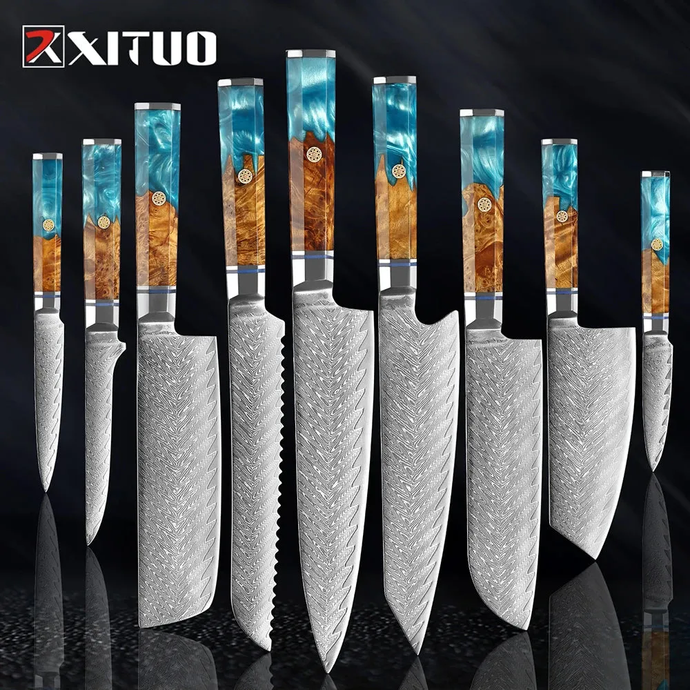 Damascus Premium Knives 1-9 PCS Japanese Kitchen Knife Set VG10 Steel Core Ultra-Sharp Professional Chef Full Tang Handle