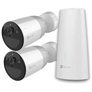 EZVIZ 2x Camera Wire-Free Security Kit. Includes 1x Base Station & 2x BC1 Outdoor WiFi Wire-Free Security Cameras with Long-Lasting 12900mAh Rechargeable Battery. Two-Way Talk, IP66, FHD, Micro SD Slot.