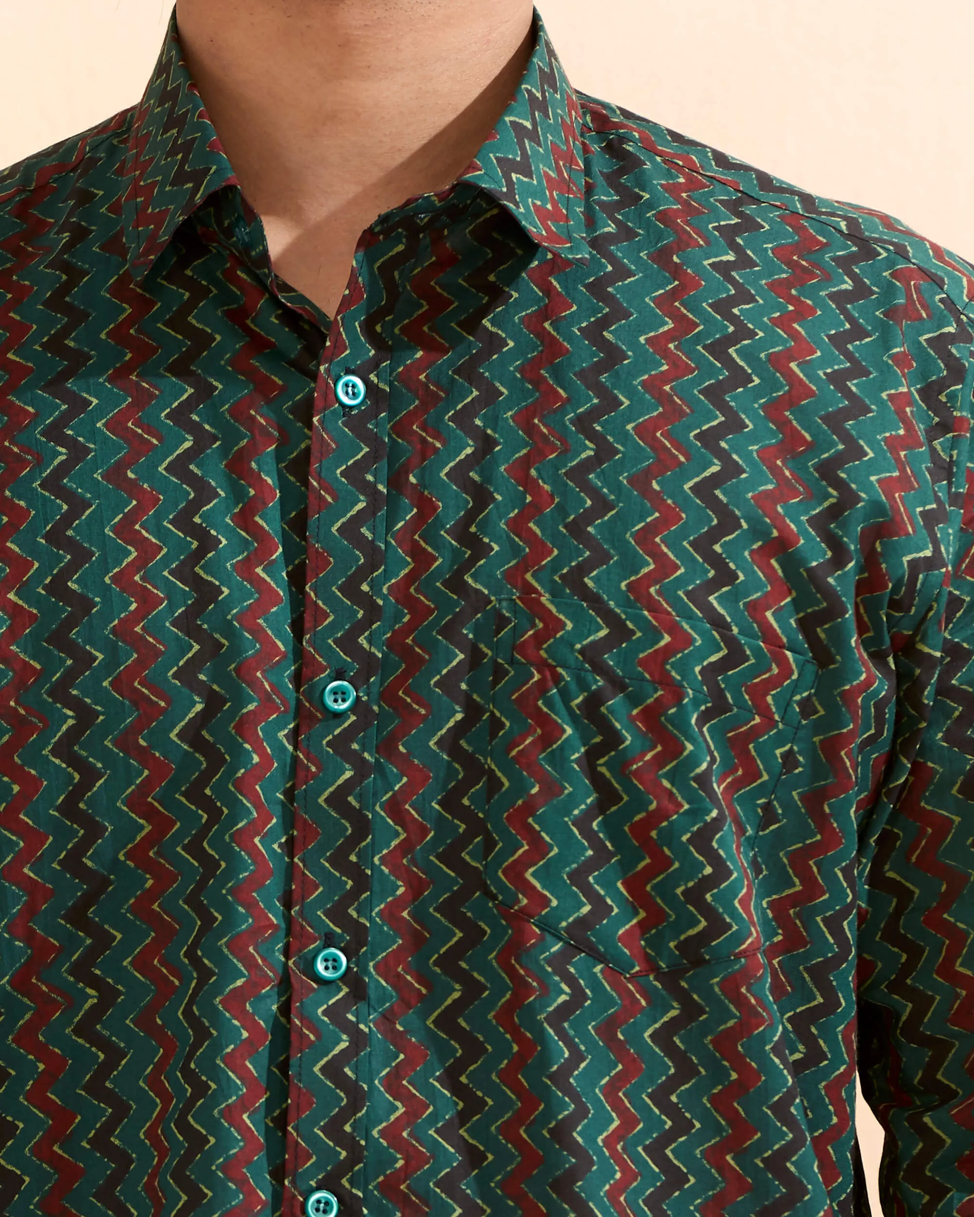 Green Cotton Hand Block Printed Men's Shirt