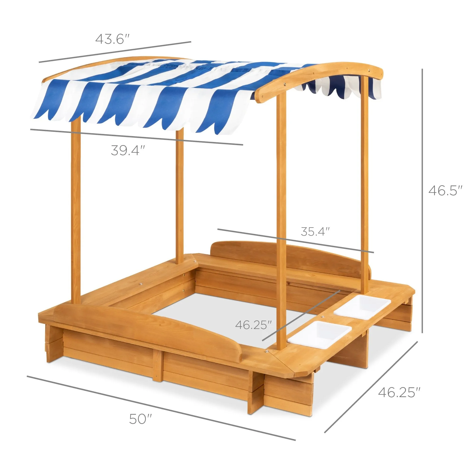 Kids Wooden Cabana Sandbox w/ Benches, Canopy Shade, Sand Cover, 2 Buckets