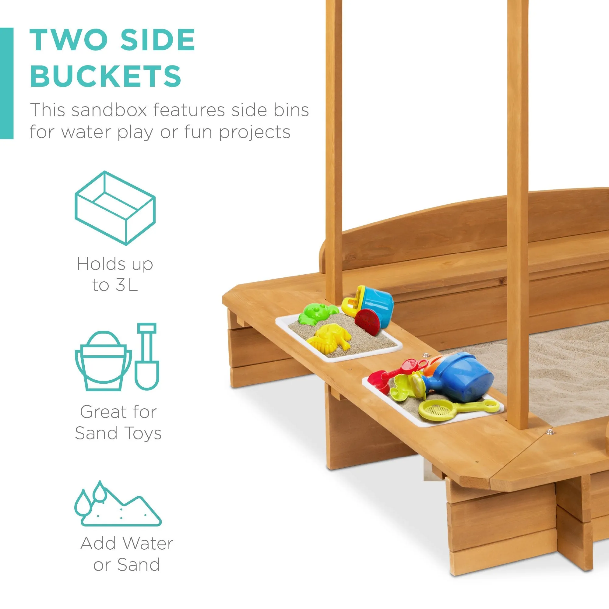 Kids Wooden Cabana Sandbox w/ Benches, Canopy Shade, Sand Cover, 2 Buckets