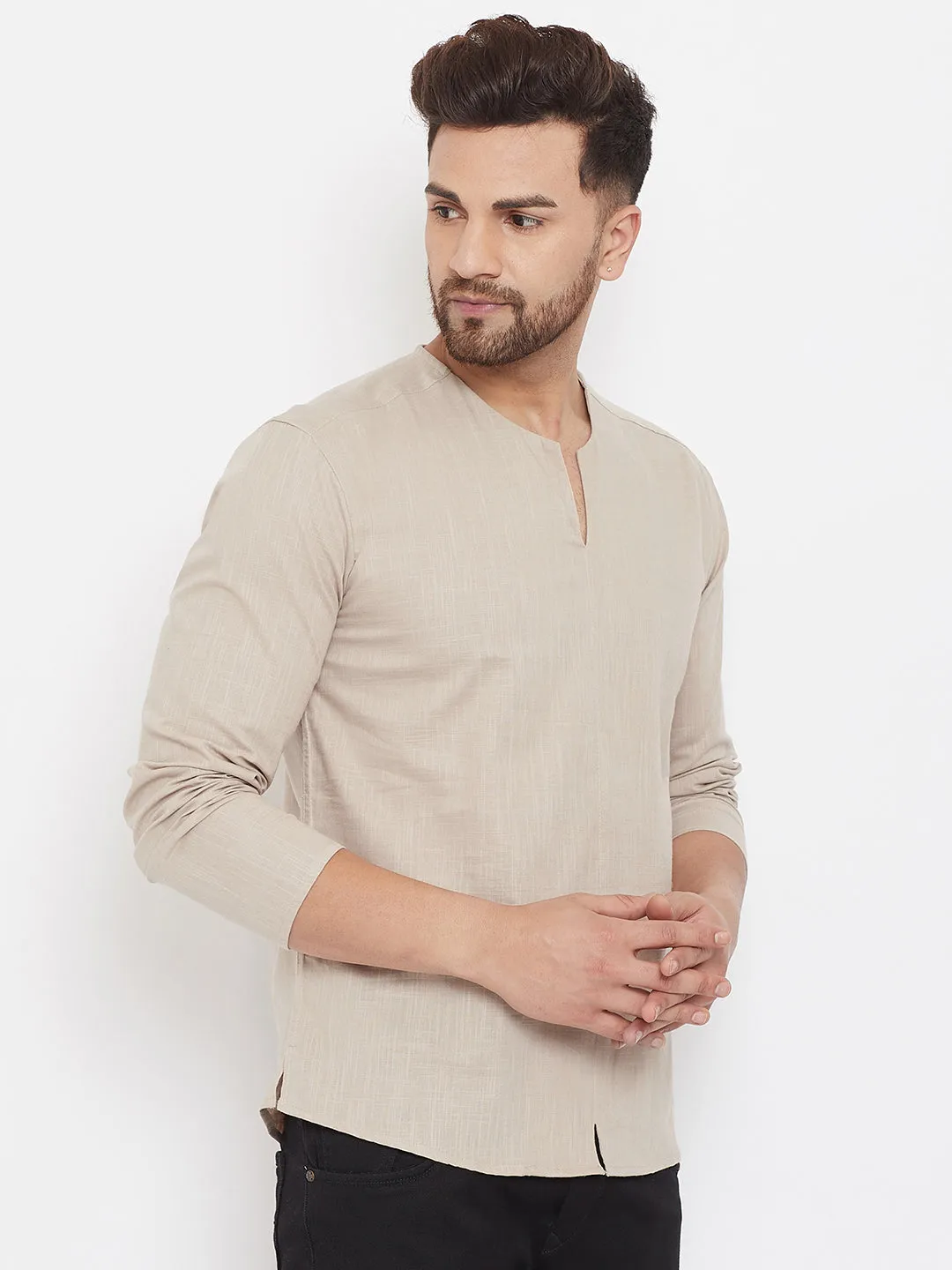 Men's Beige Summer Casual Shirt Kurta - Even Apparels