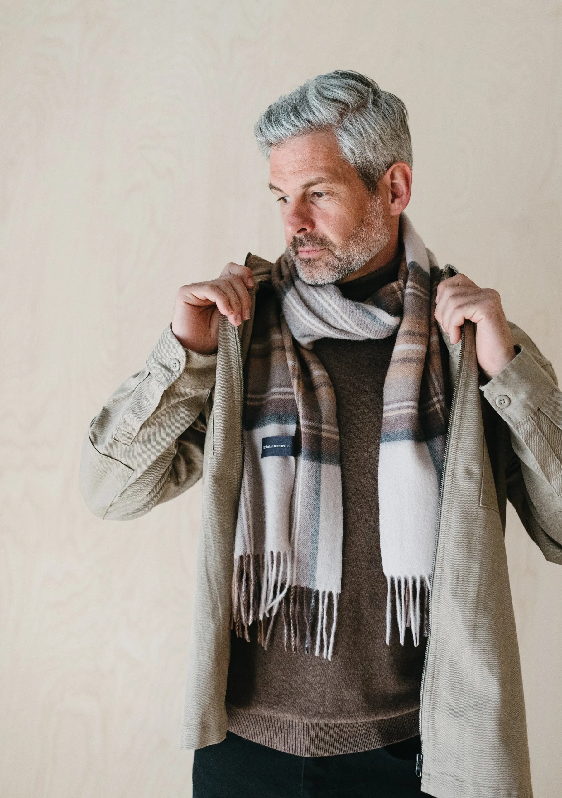 Men's Lambswool Scarf in Stewart Natural Dress Tartan