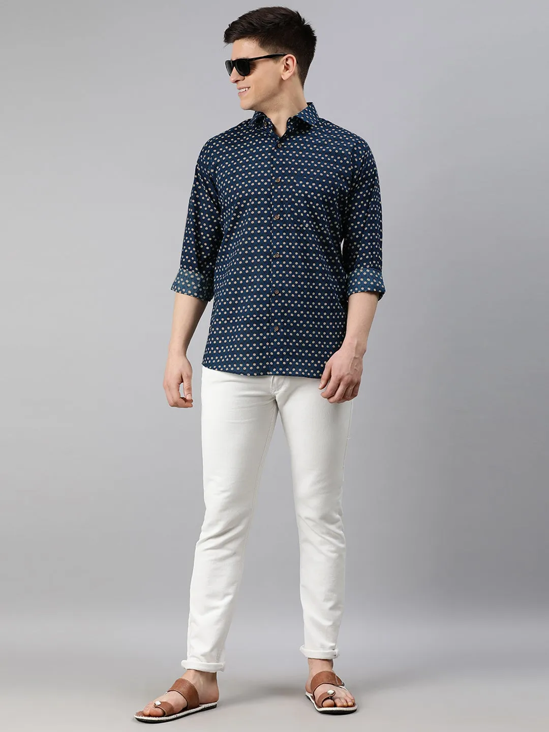 Men's Navy Blue Cotton Full Sleeves Shirts For Men - Taantav