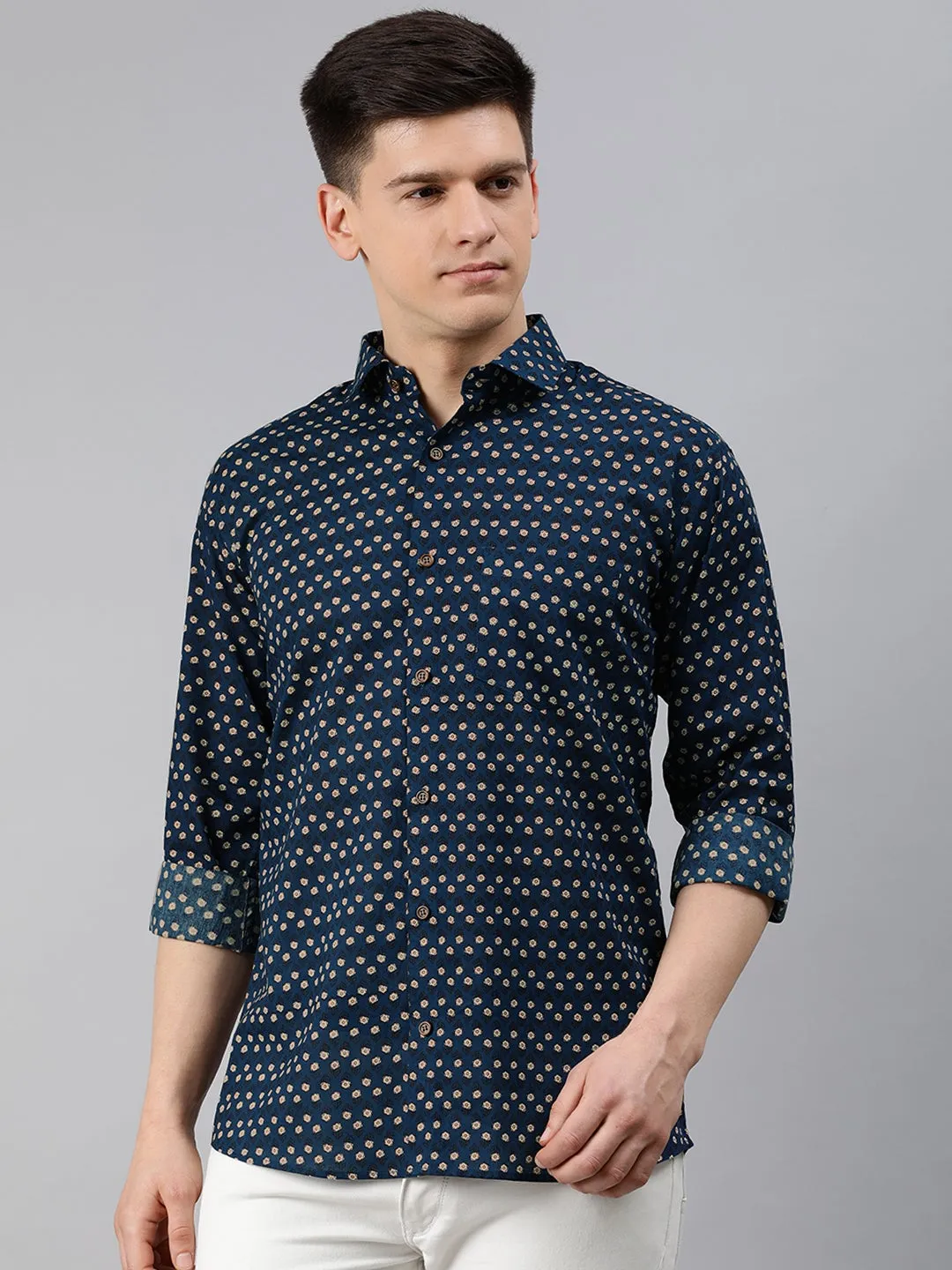 Men's Navy Blue Cotton Full Sleeves Shirts For Men - Taantav