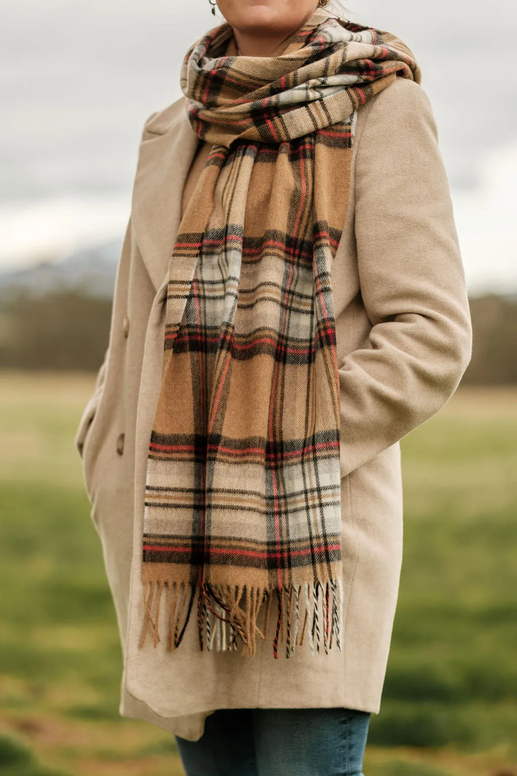 Merino Wool Oversize Tartan Scarf | Camel Stewart