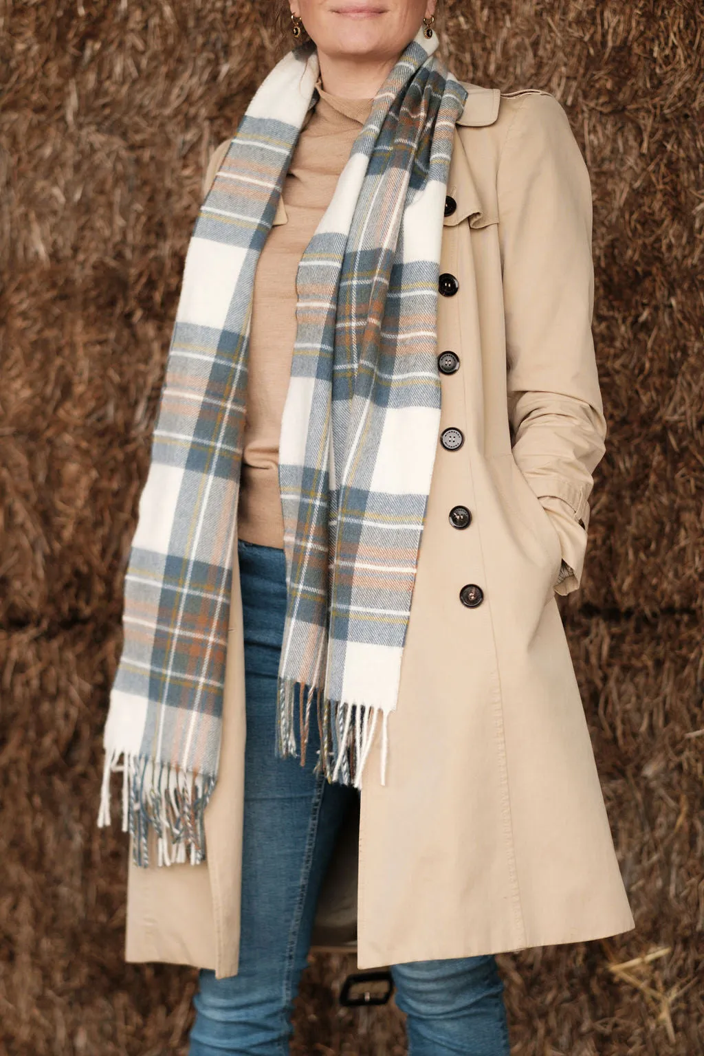 Merino Wool Oversize Tartan Scarf | Muted Blue Stewart