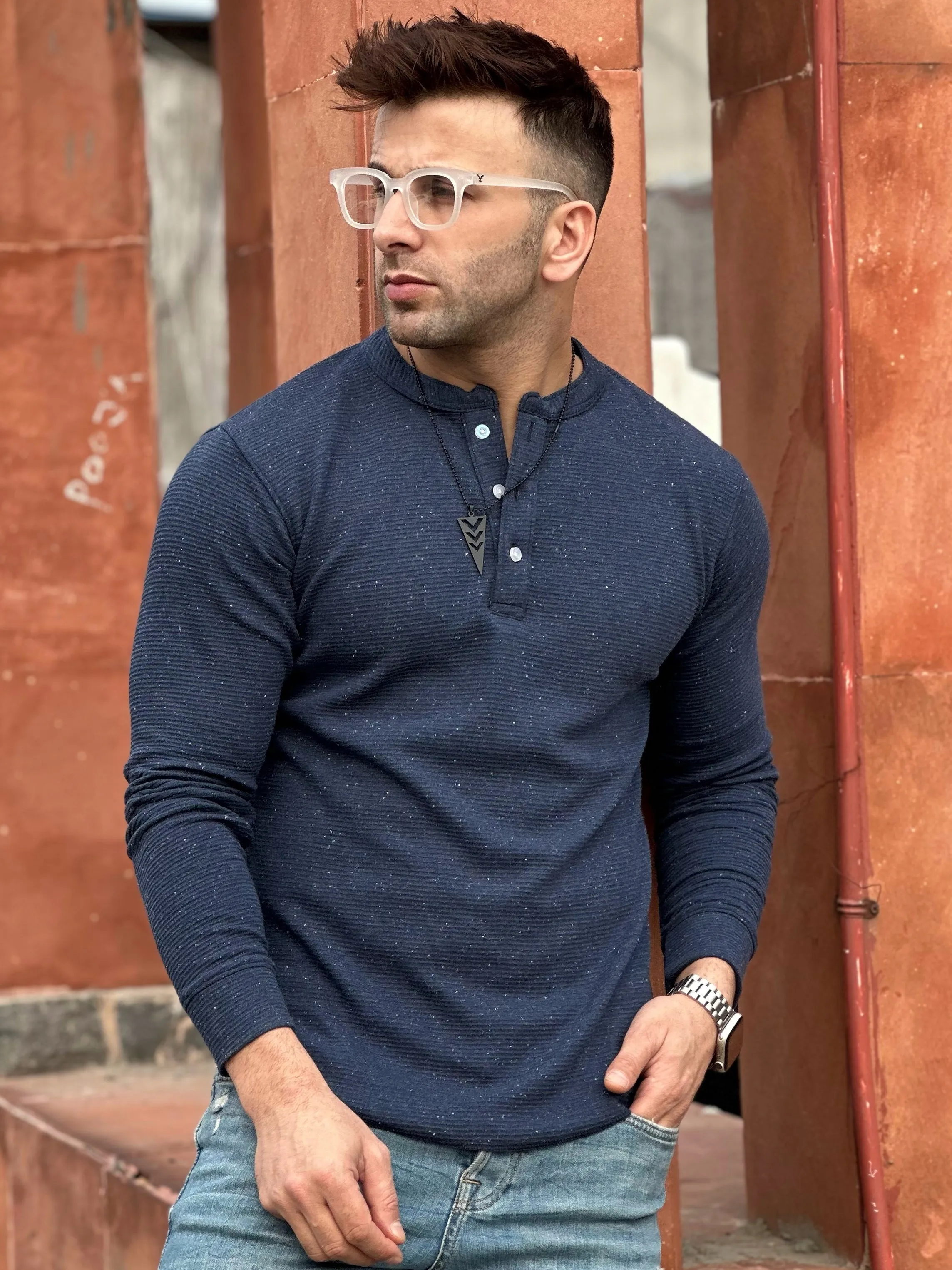 Navy Blue Self Design Henley Neck T-Shirt