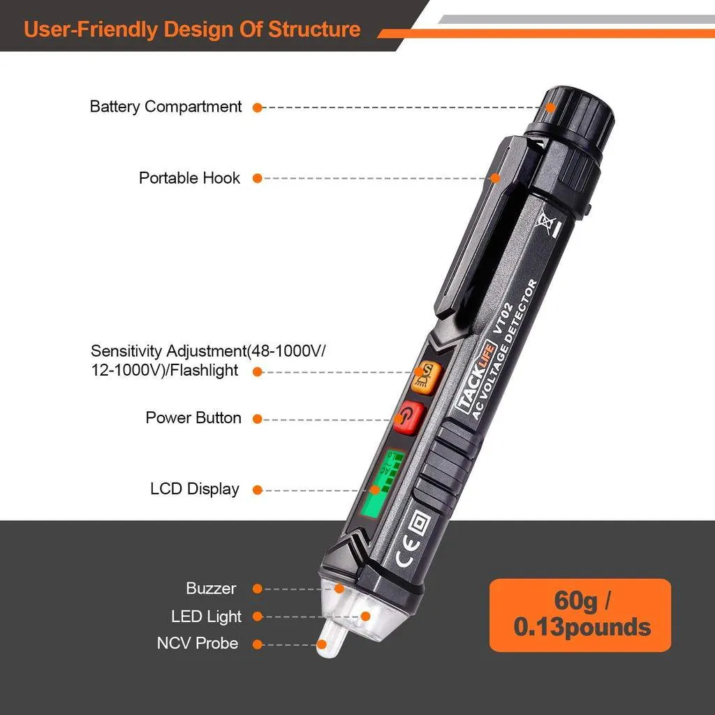 Non-Contact AC Voltage Tester with Adjustable Sensitivity, LCD Display VT02