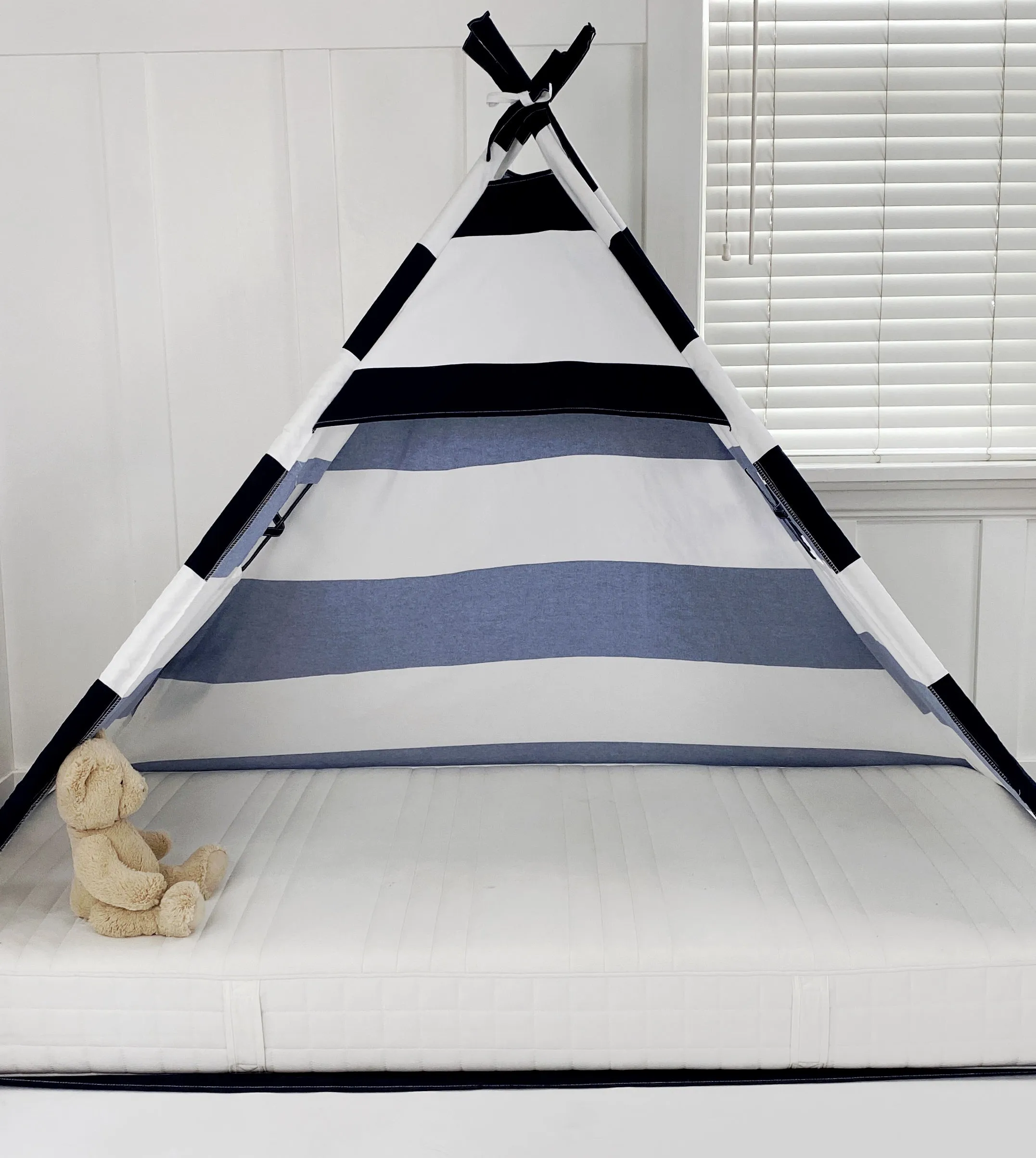 Play Tent Canopy Bed in Navy Blue and White Stripe Canvas