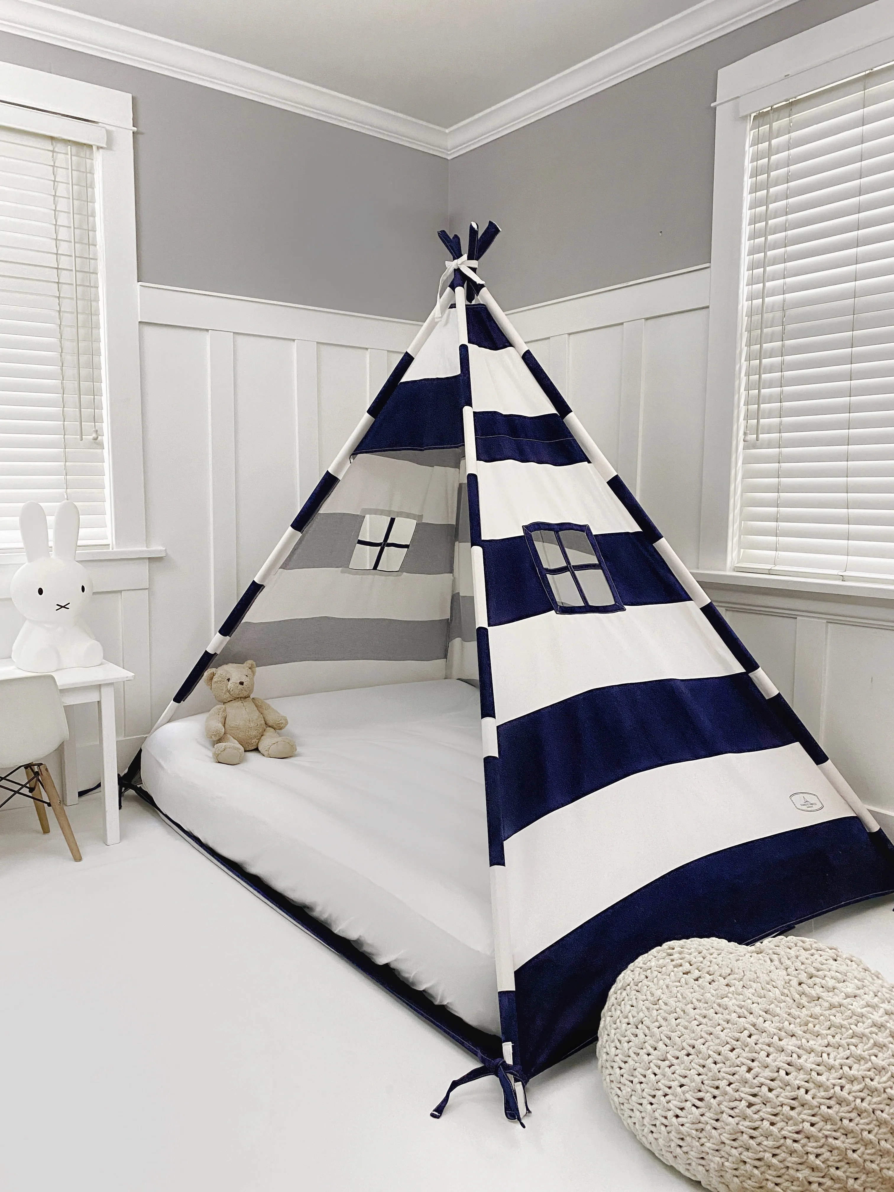 Play Tent Canopy Bed in Navy Blue and White Stripe Canvas