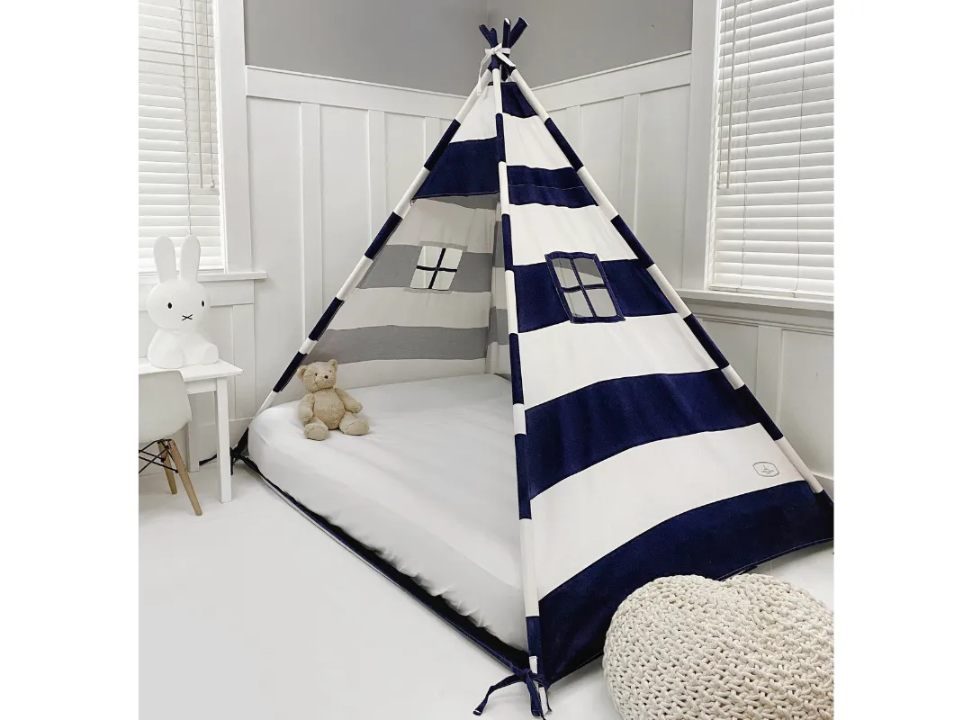 Play Tent Canopy Bed in Navy Blue and White Stripe Canvas