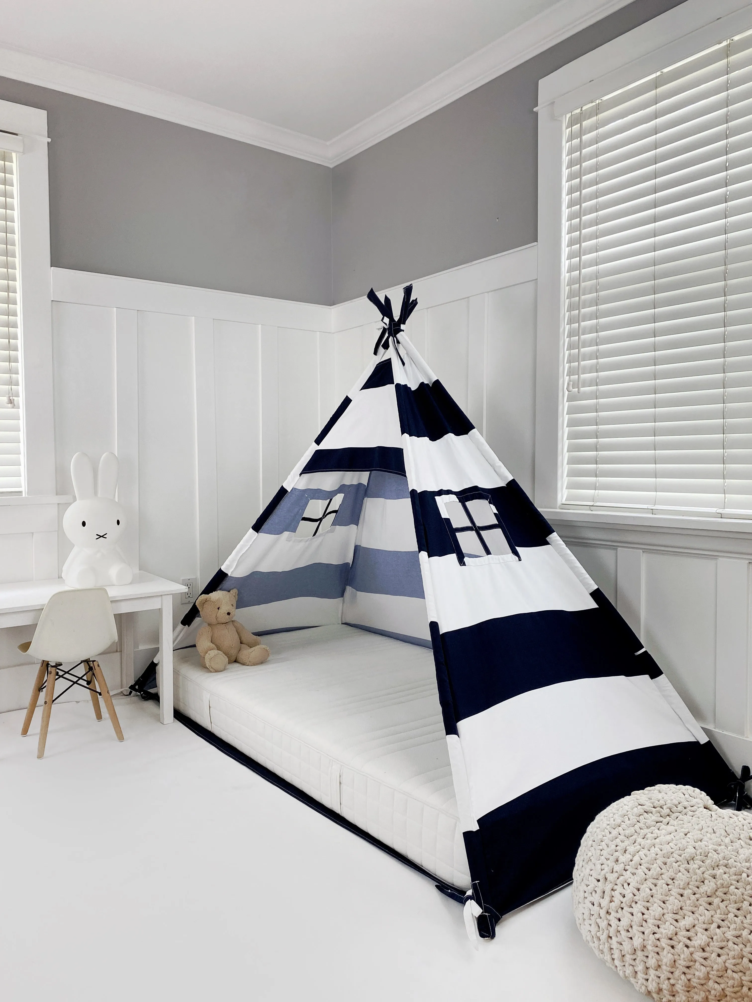 Play Tent Canopy Bed in Navy Blue and White Stripe Canvas