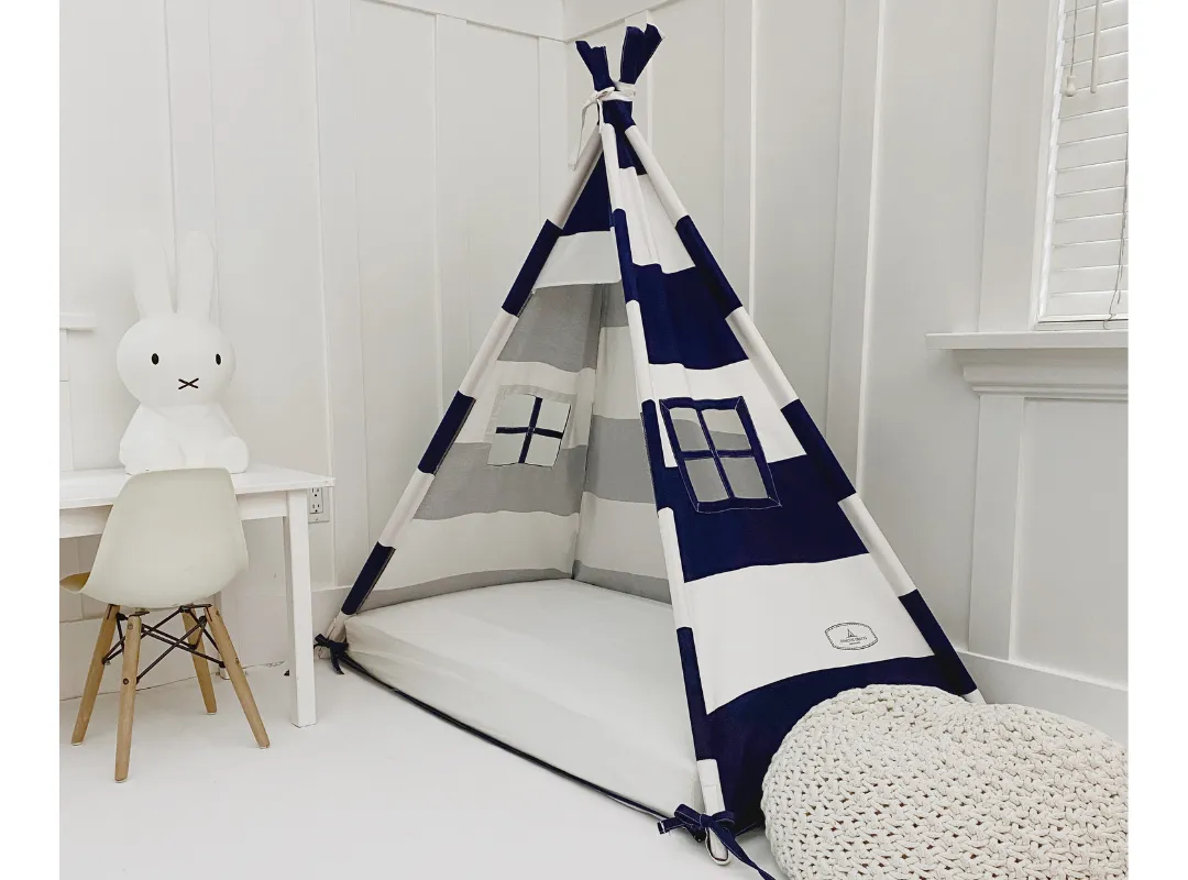 Play Tent Canopy Bed in Navy Blue and White Stripe Canvas