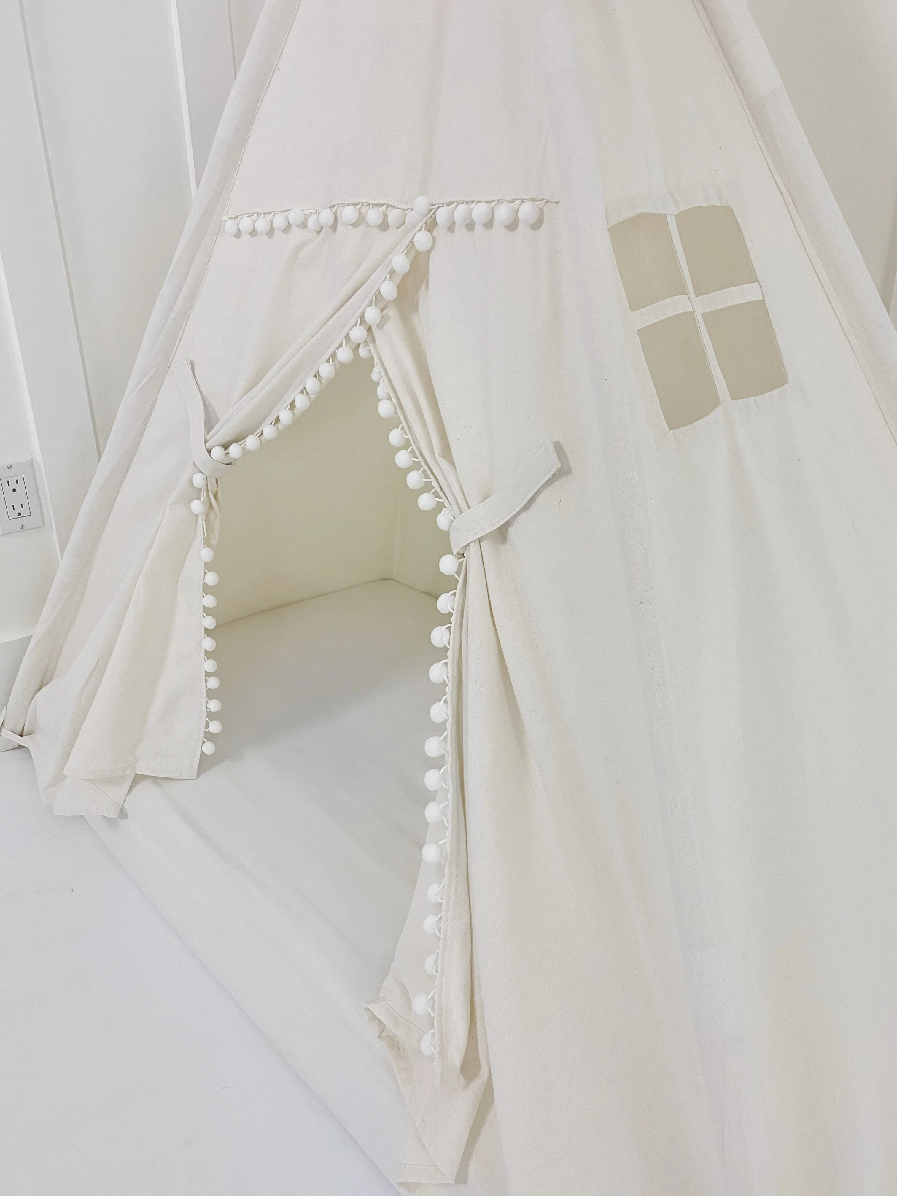 Play Tent Canopy Bed in White Canvas with POM POM TRIM