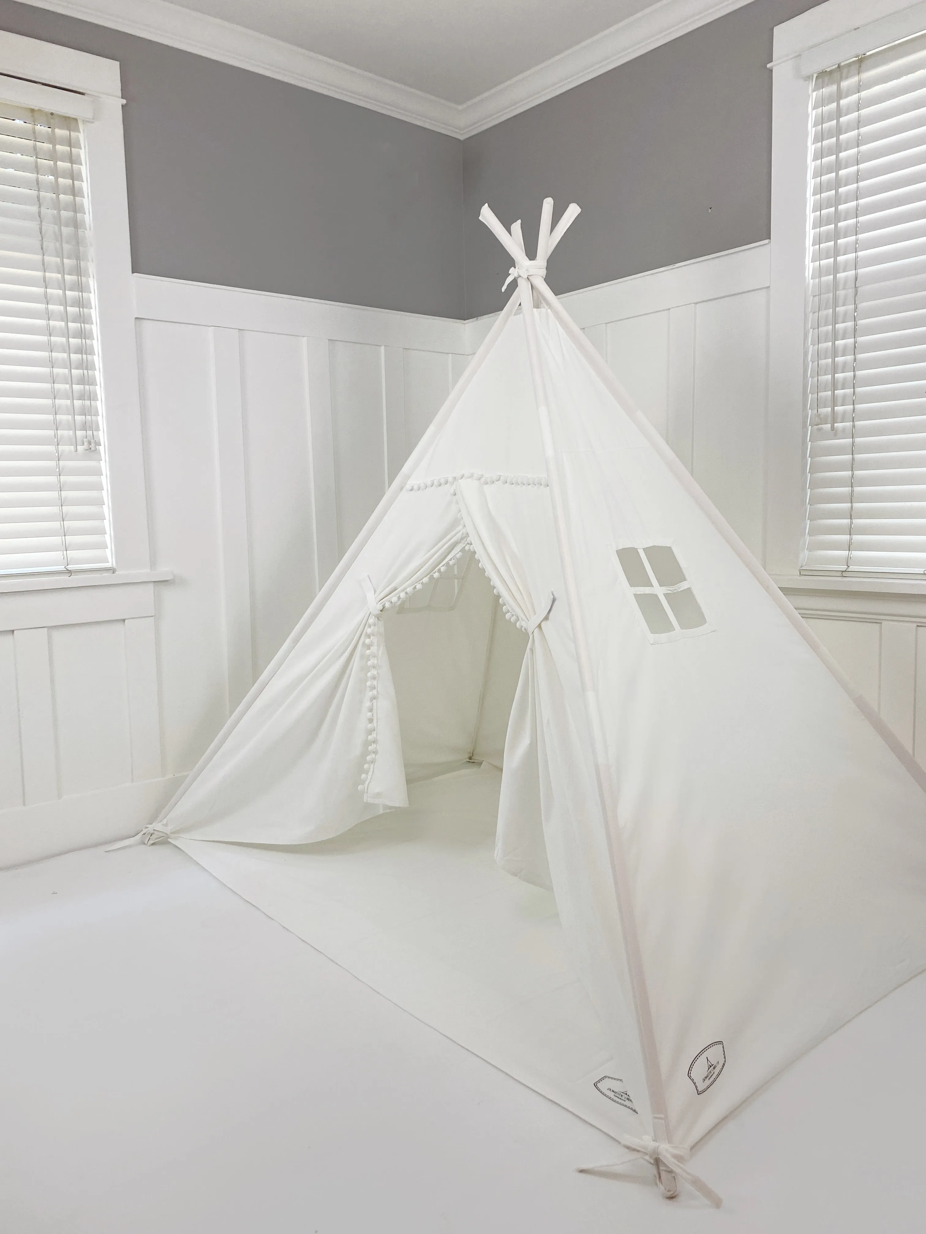 Play Tent Canopy Bed in White Canvas with POM POM TRIM