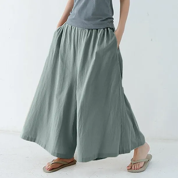 Women Pant Elastic Waist Cotton Linen Wide Leg Pants Loose Boho Style